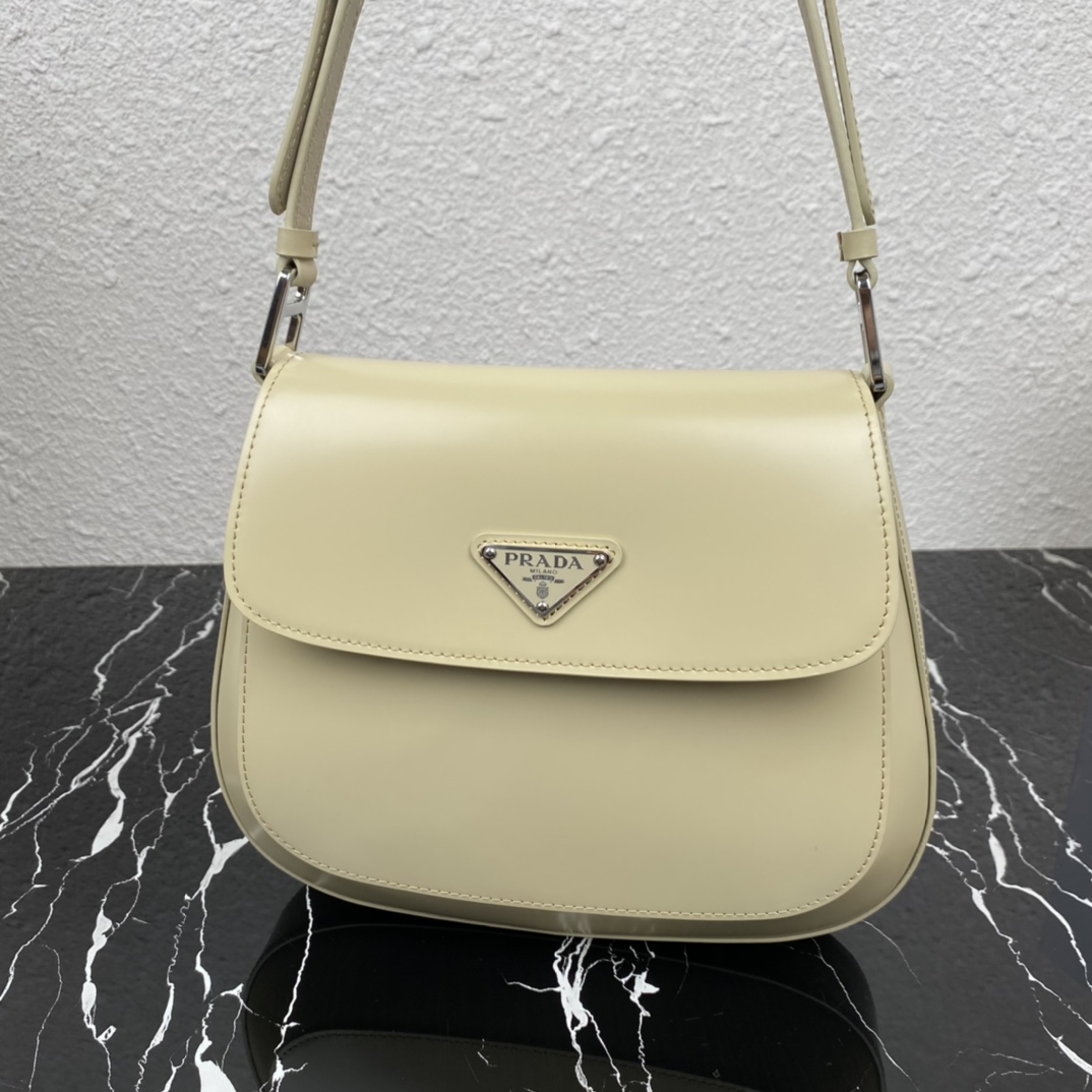 Prada Cleo Brushed Leather Shoulder Bag With Flap Vanilla 1BD303